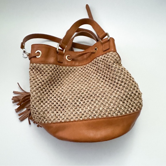 Divina Firenze Straw Drawstring Leather Bucket Crossbody Bag - Picture 2 of 5